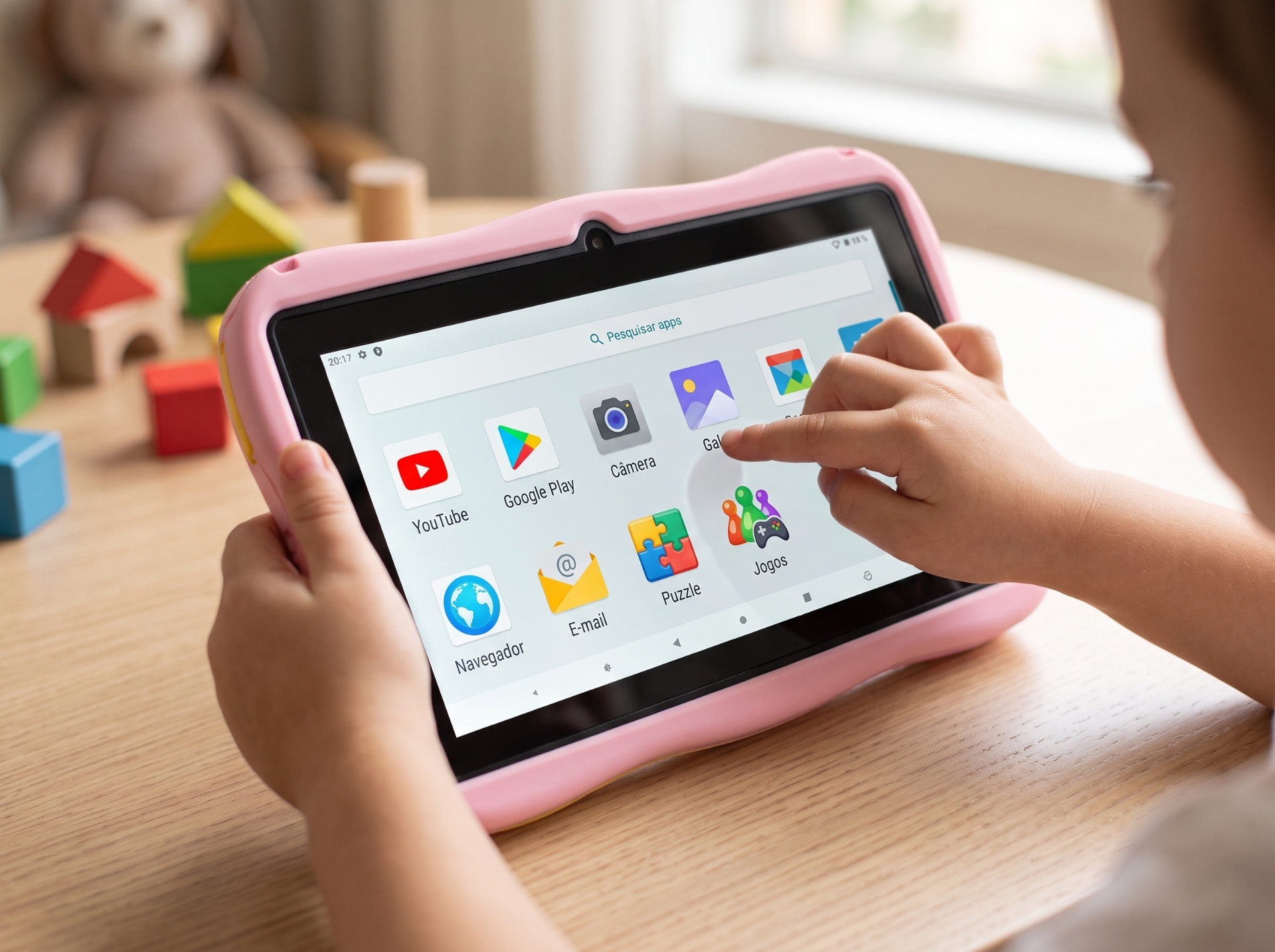Criança interagindo com a tela do Universe Tablet Kids rosa com aplicativos educativos e jogos