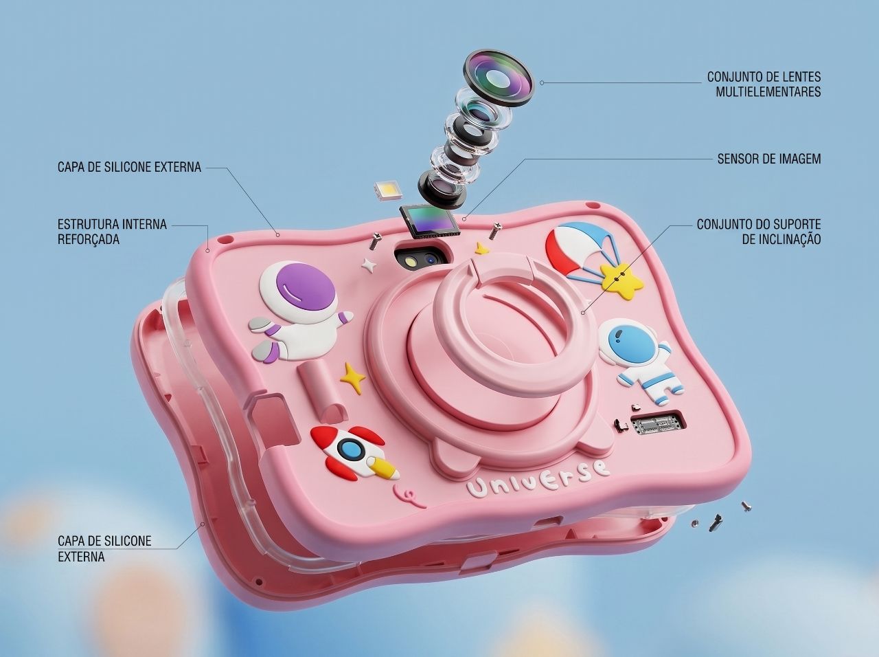 Vista explodida do Universe Tablet Kids mostrando capa de silicone e componentes internos